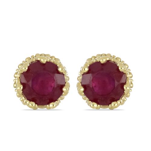 GOLD PLATED NATURAL GLASS FILLED RUBY  GEMSTONE EARRINGS IN 925 STERLING SILVER